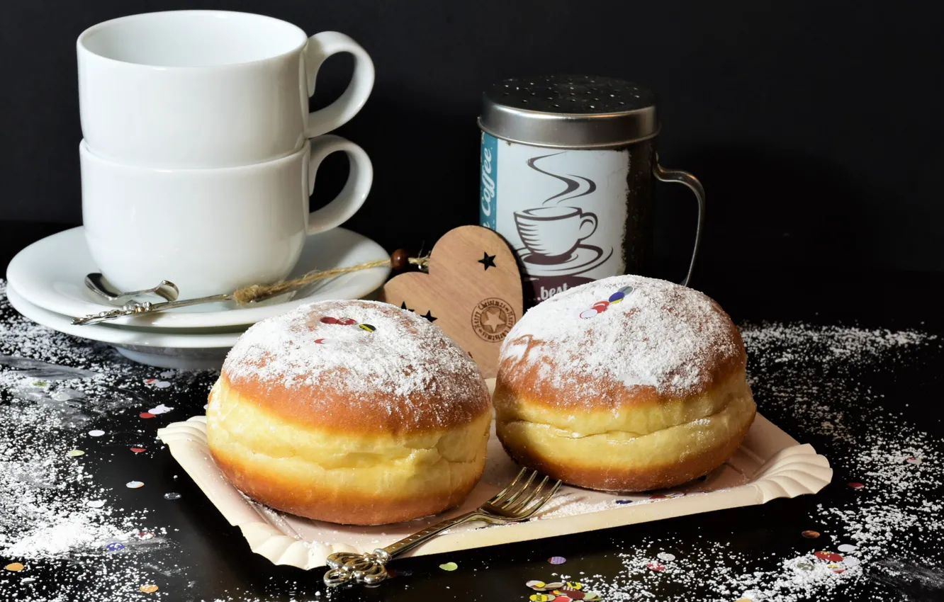 Photo wallpaper Cup, powdered sugar, Donuts