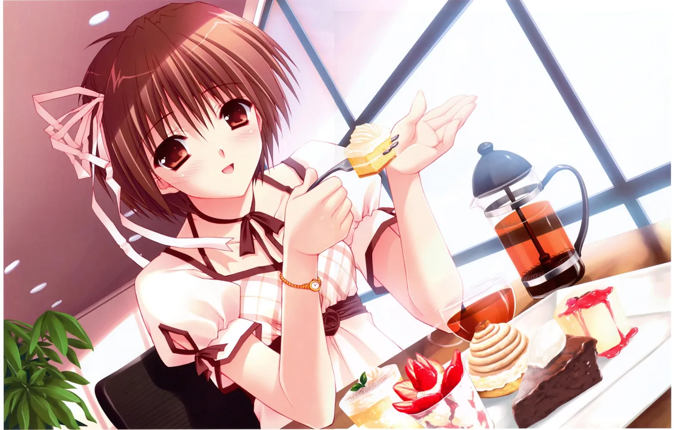 Photo wallpaper sweets, brown hair, sweet tooth, a piece of cake, visual novel, in a cafe, at …