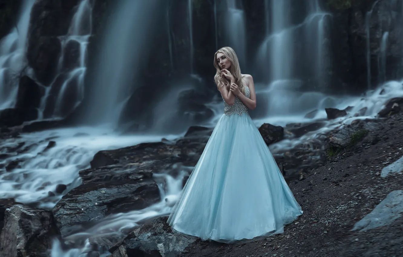 girl, pose, waterfall, dress, beautiful