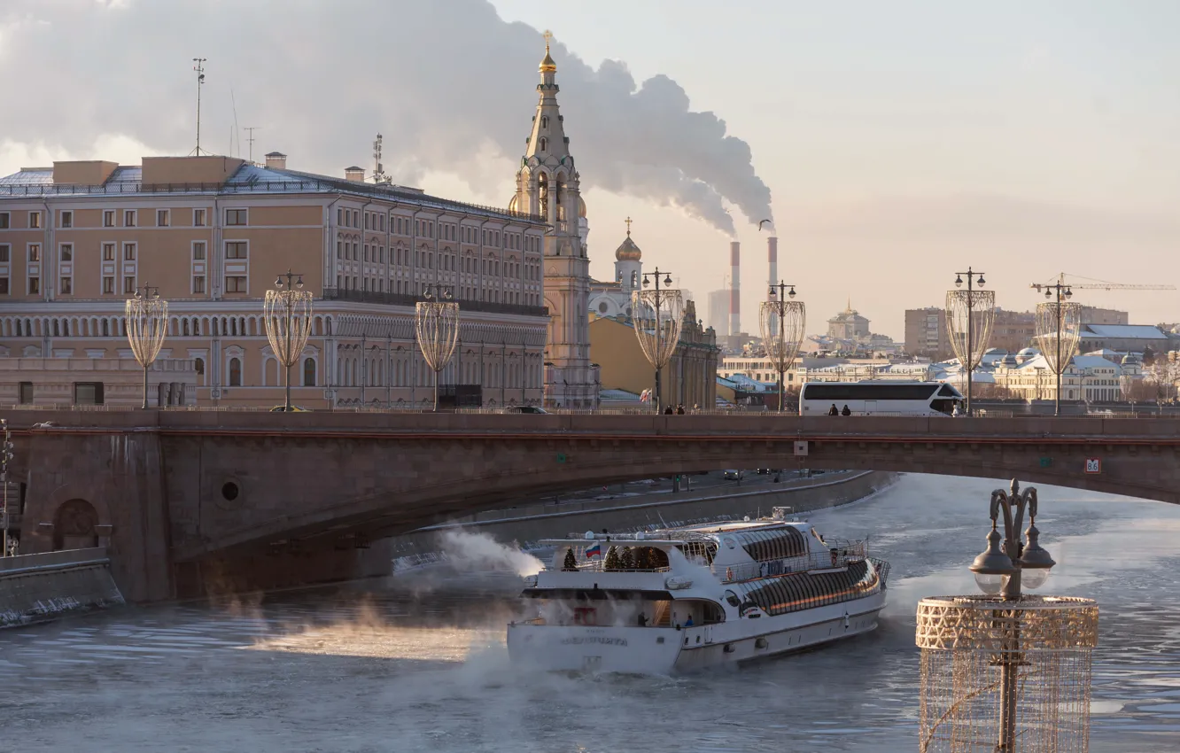 Photo wallpaper winter, bridge, river, building, home, lights, Moscow, Russia, The Moscow river, Bolshoy Moskvoretsky bridge, Мария …