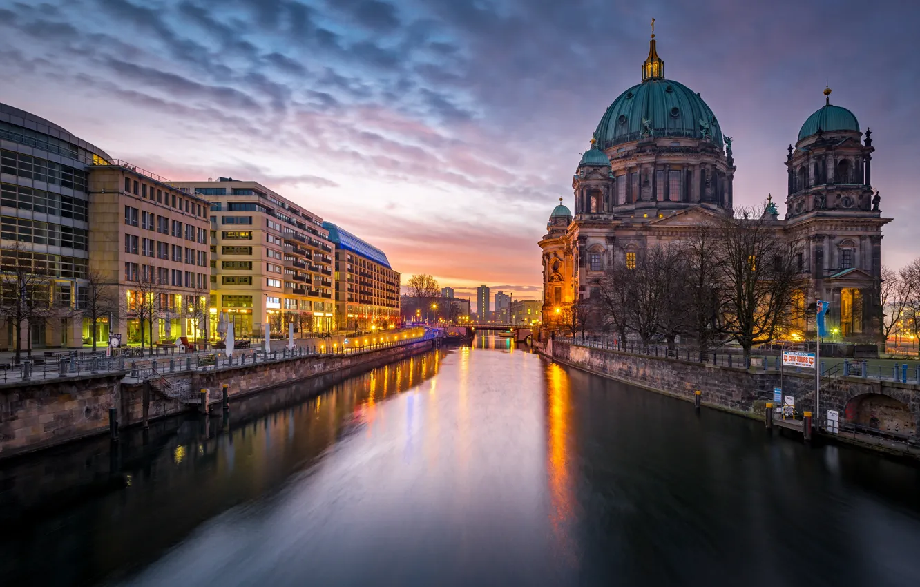 Photo wallpaper the city, lights, river, the evening, Germany, architecture, promenade, Berlin