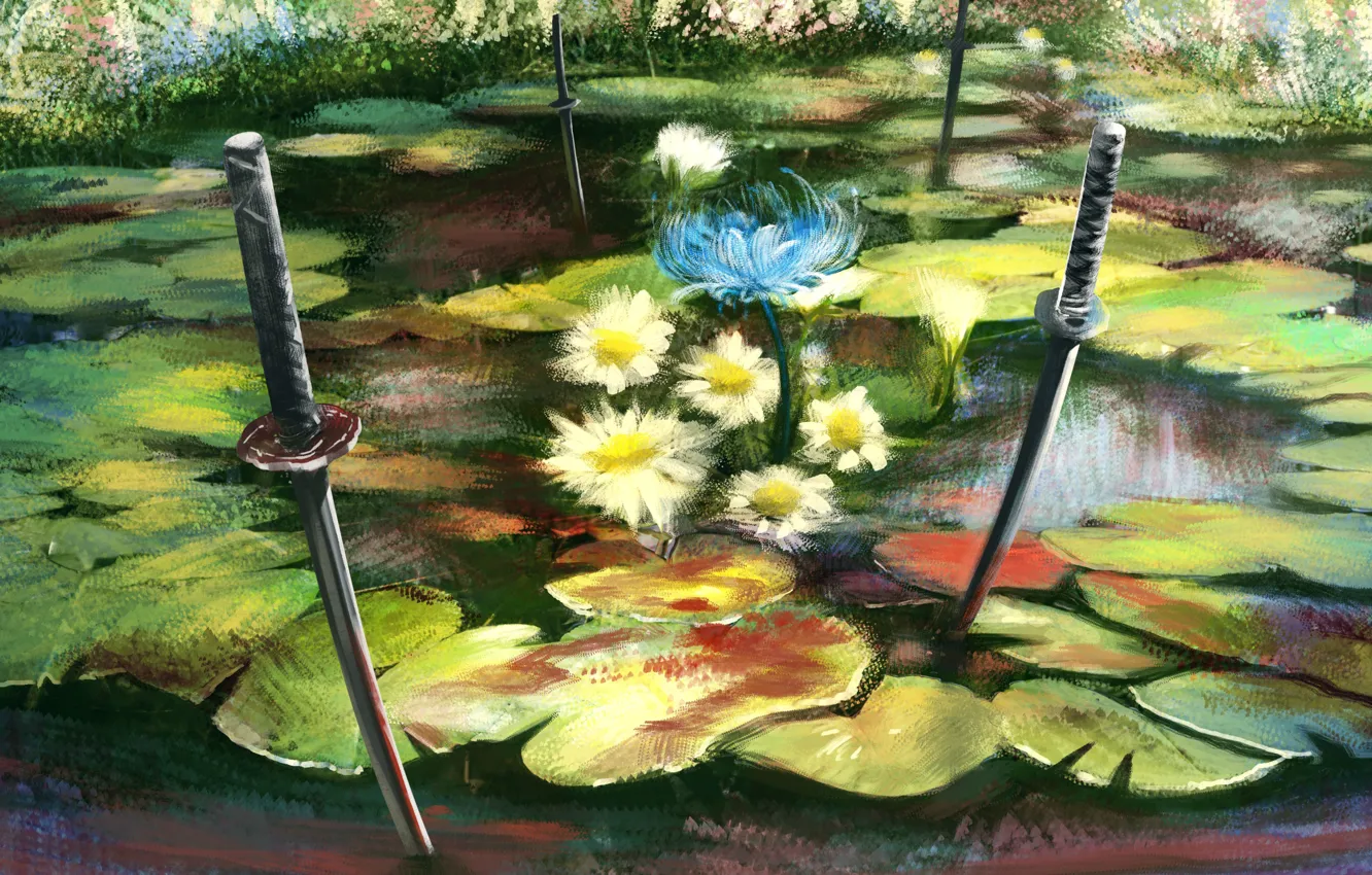 Photo wallpaper leaves, flowers, nature, pond, katana