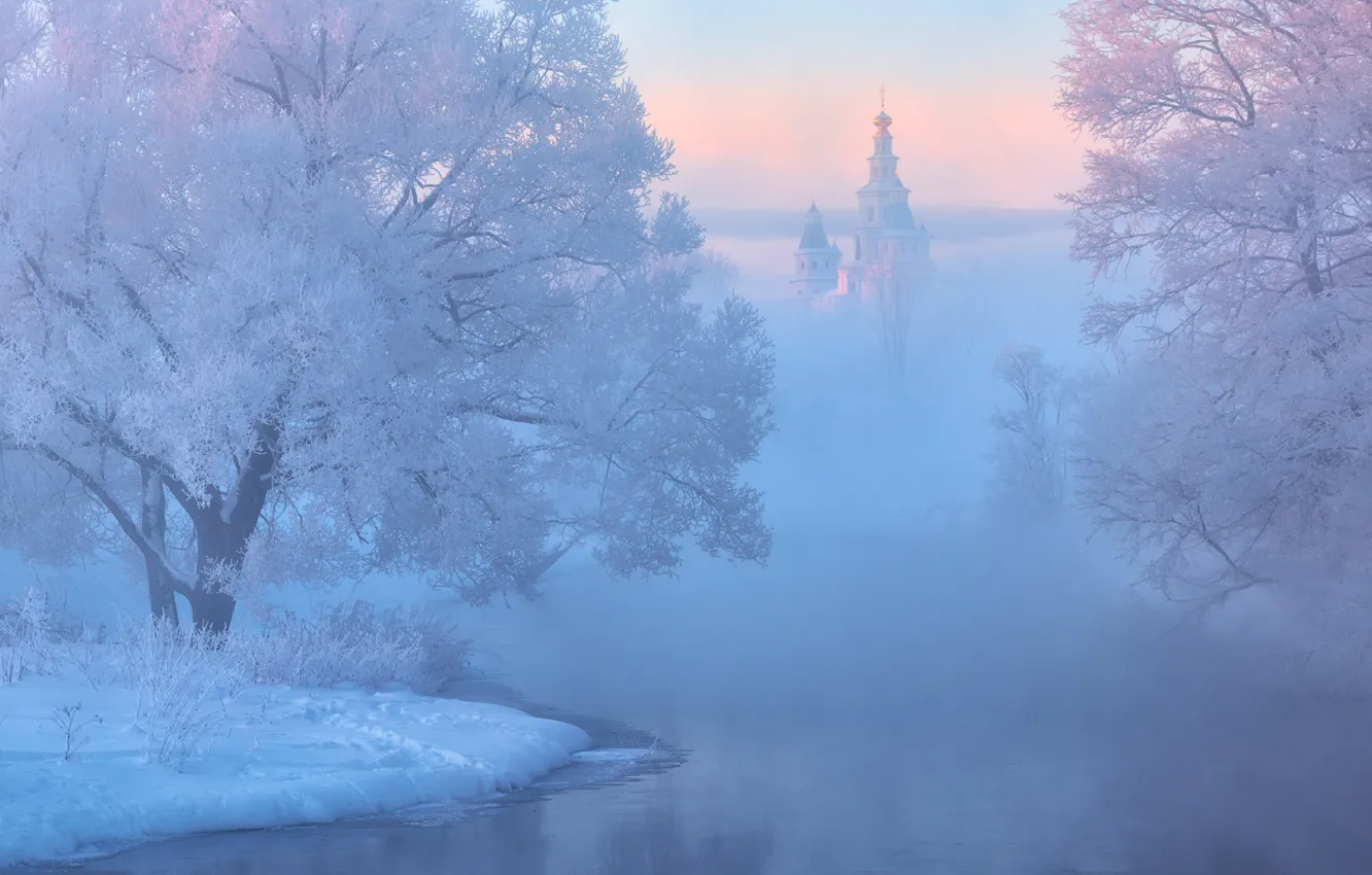 Photo wallpaper Winter, river, trees, landscape, nature, sunset, snow, cold, mist, church