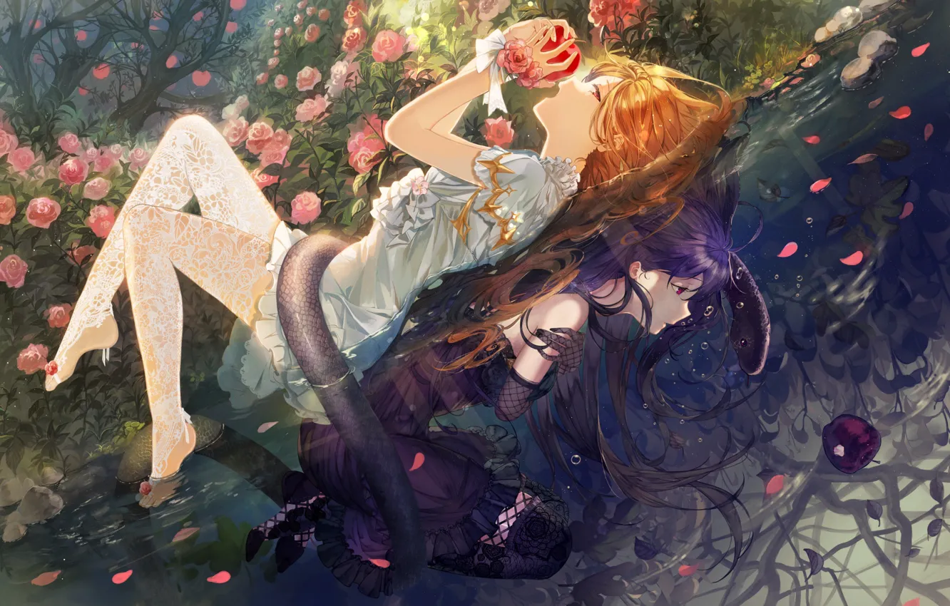 Photo wallpaper light, flowers, girls, darkness, Apple, snake, under water