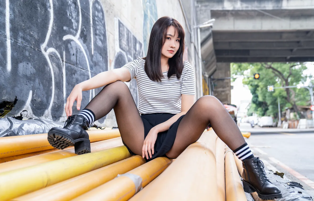 mini skirt, Asian, look, asian, seductive pose, spread legs, sexy brunette,...