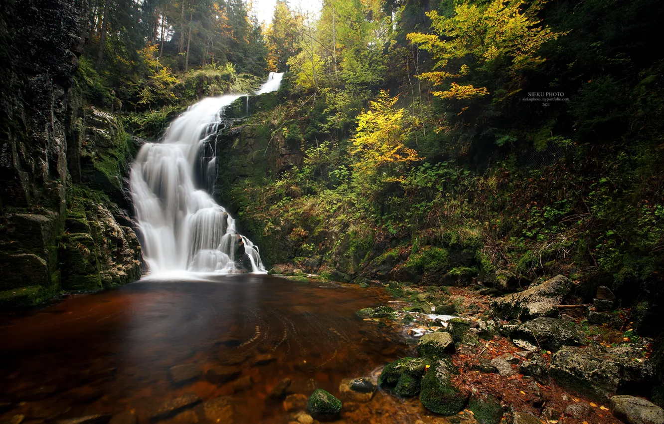 Photo wallpaper autumn, forest, landscape, nature, stones, waterfall