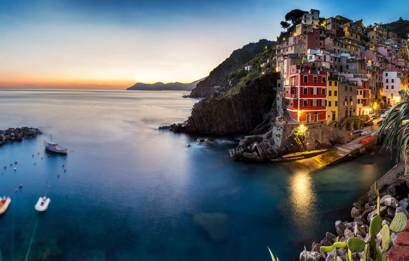 Photo wallpaper sea, the city, rocks, home, boats, the evening, lighting, Italy, Italy, Riomaggiore, Riomaggiore, Cinque Terre, …