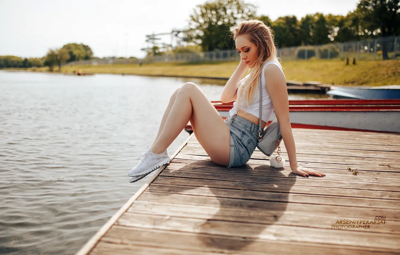 Photo wallpaper girl, the sun, landscape, sexy, pose, river, model, shorts, boats, makeup, pier, Mike, figure, hairstyle, …