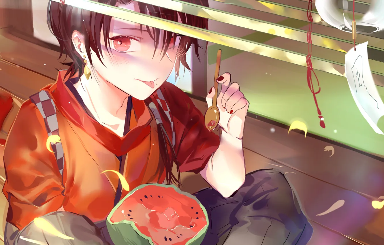 Photo wallpaper boy, watermelon, red eyes, Japanese clothing, stuck out his tongue, touken ranbu, Dance of swords, …