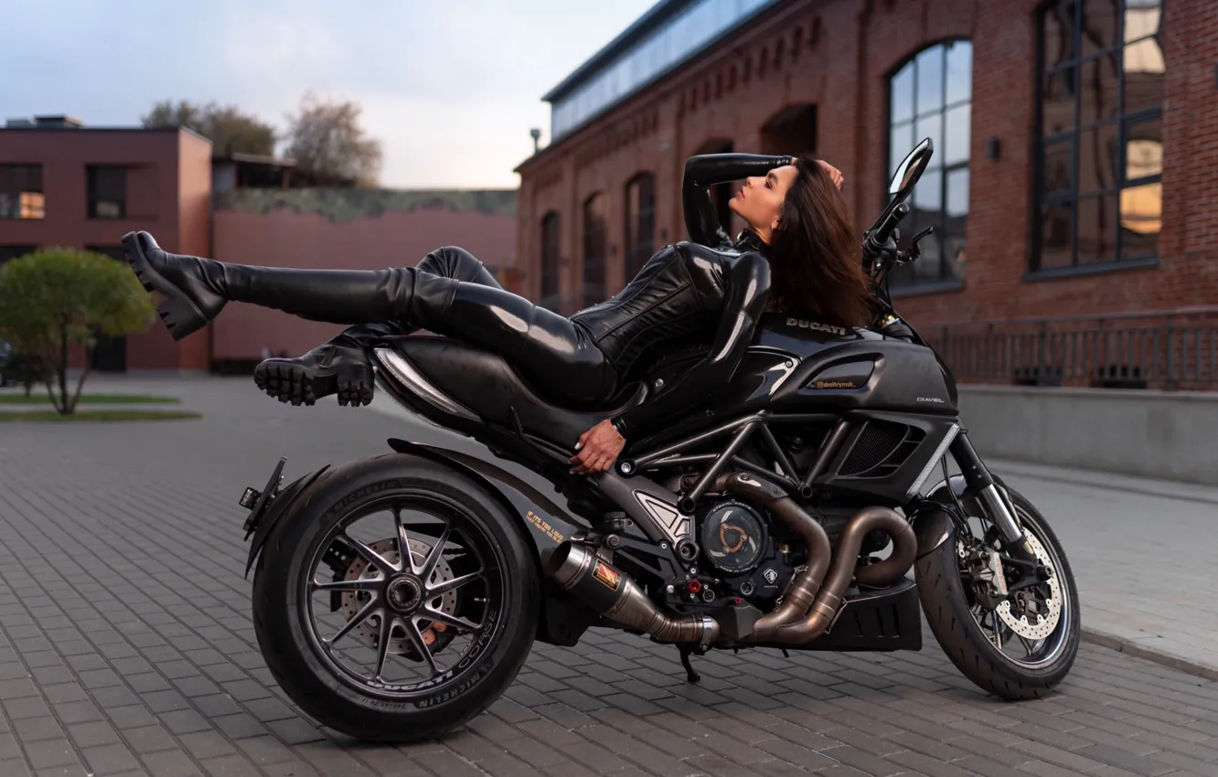 Photo wallpaper girl, pose, feet, boots, motorcycle, latex, Ducati, Ilya Pistols, Natalia Zaitseva