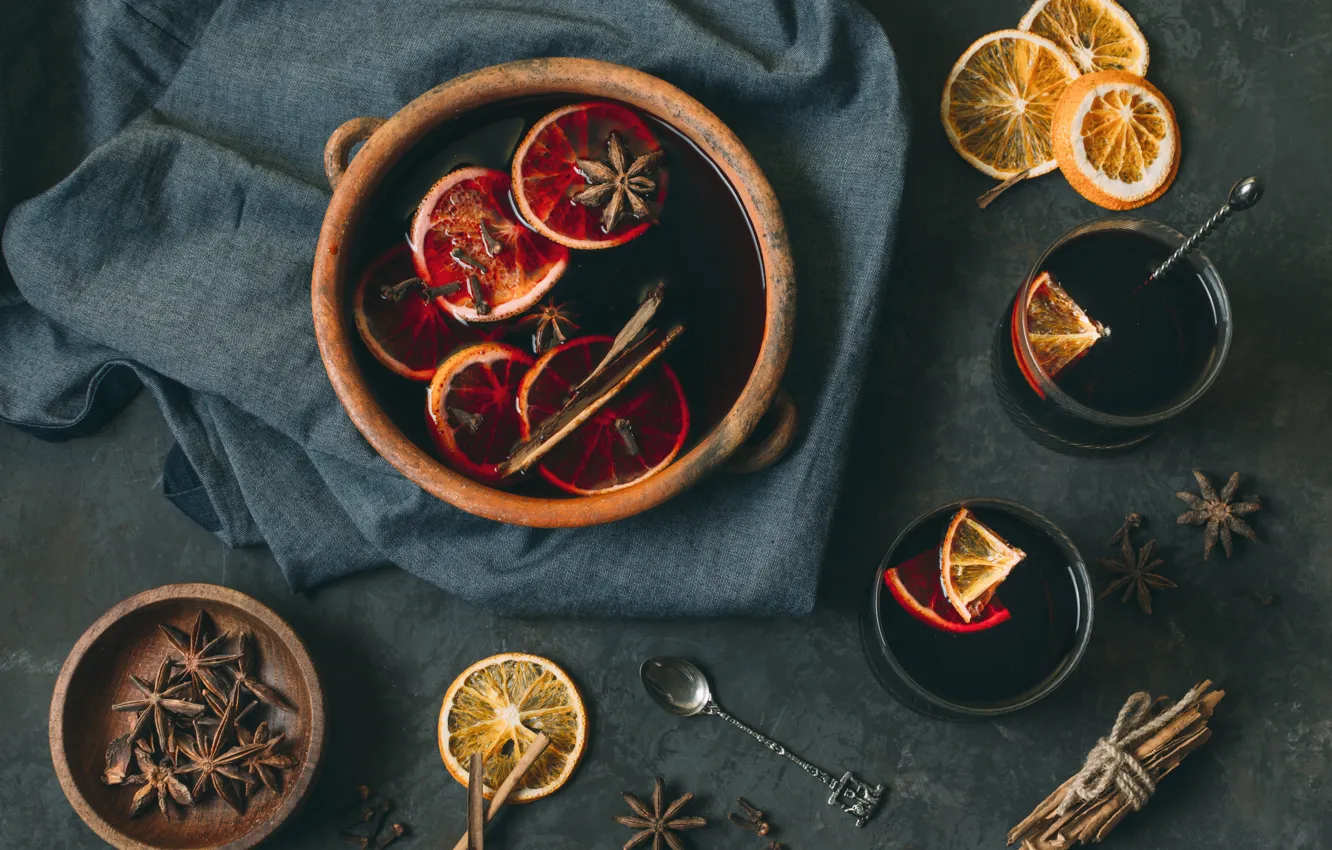 Wallpaper wine, orange, spoon, fabric, cinnamon, mulled wine images for  desktop, section еда - download