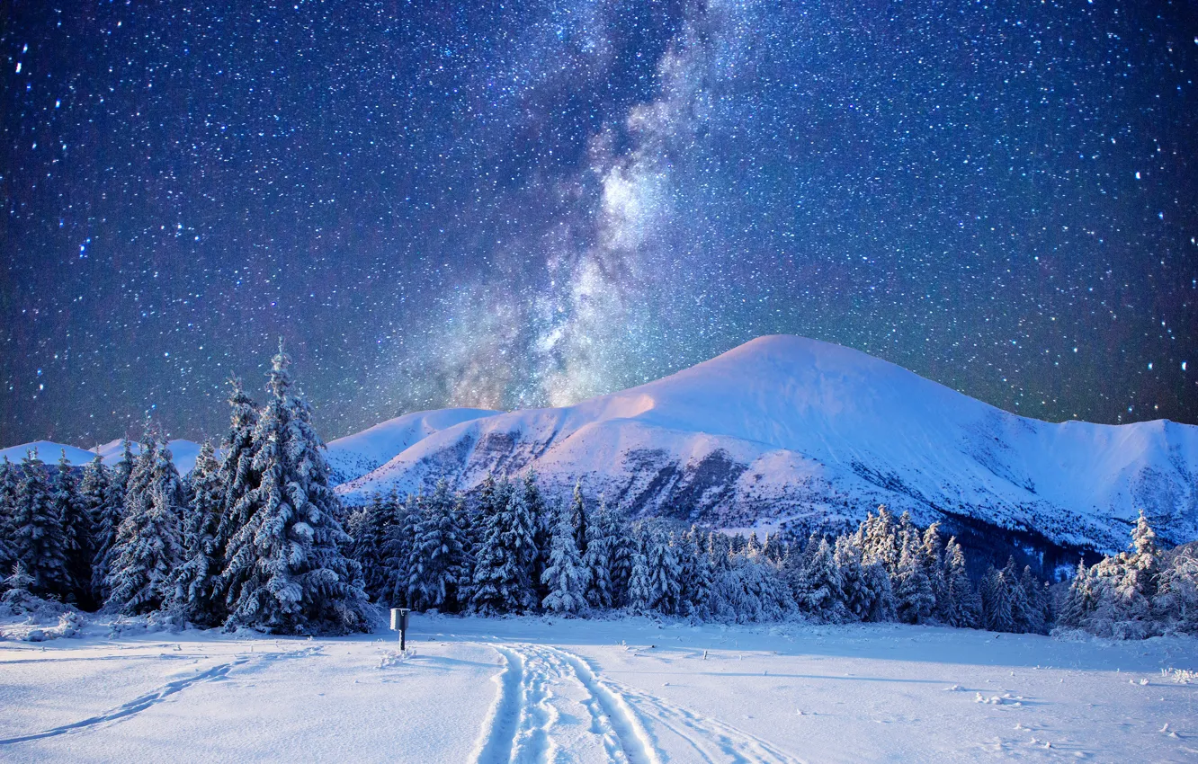 Photo wallpaper Winter, Mountains, Snow, Winter, Snow, Mountains, Starry sky, Starry sky, Winter night landscape, Зимний ночной …