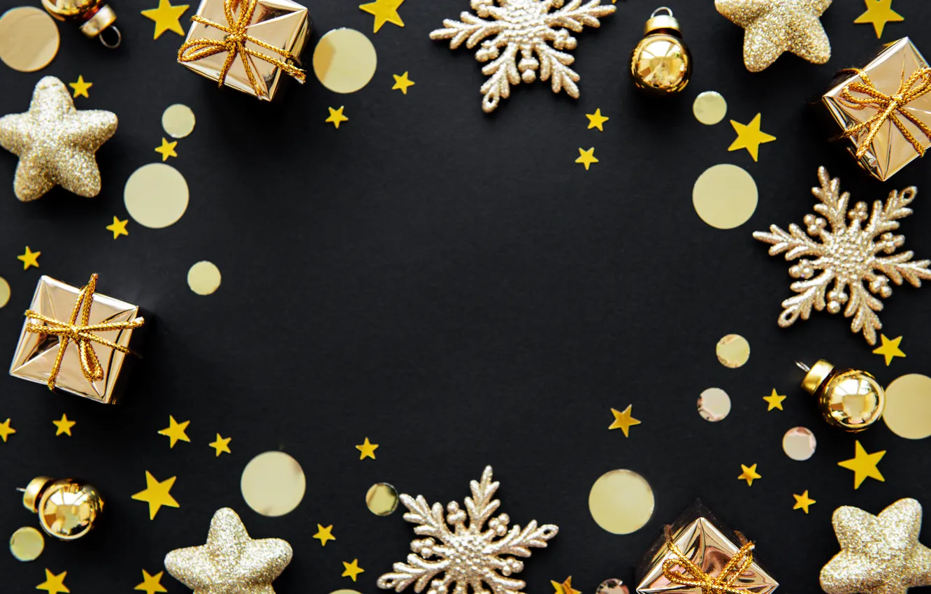 Photo wallpaper decoration, New Year, Christmas, golden, christmas, merry, snowflakes, decoration, frame