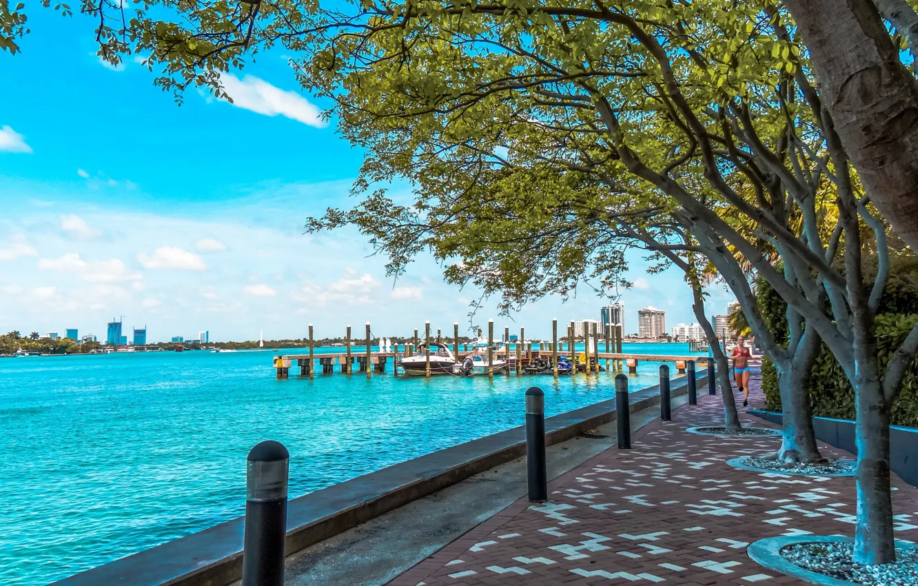 Photo wallpaper boats, pierce, promenade, Florida, Miami Beach, Miami Beach, West Avenue