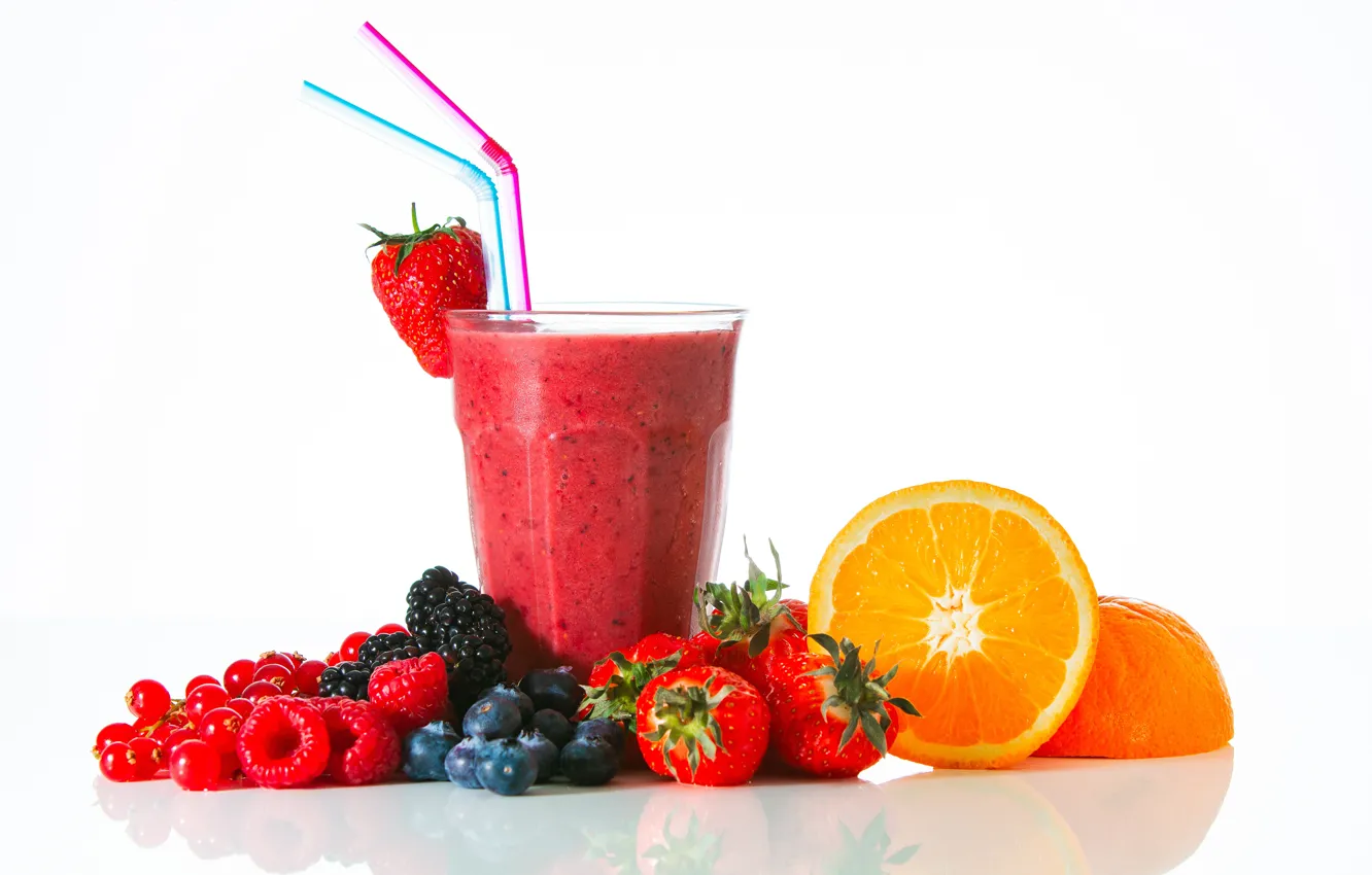 Photo wallpaper glass, berries, background, orange, drink, tube, smoothies