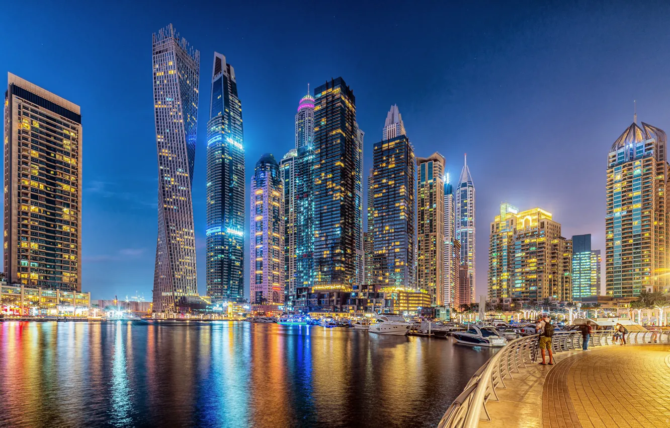 Photo wallpaper building, Dubai, architecture, night city, Dubai, promenade, skyscrapers, harbour, UAE, UAE, Dubai Marina, Dubai Marina