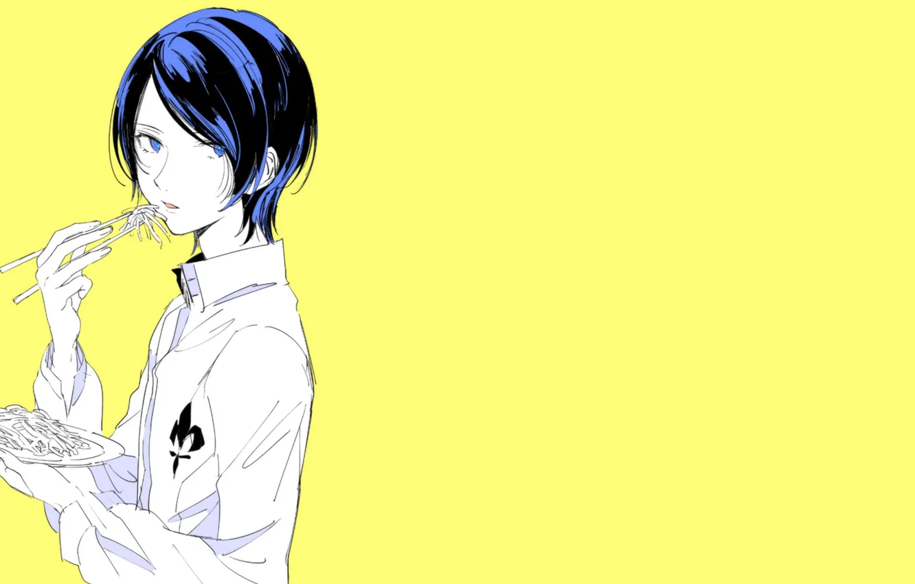 Photo wallpaper the game, food, anime, art, plate, guy, yellow background, Person 5, Persona 5