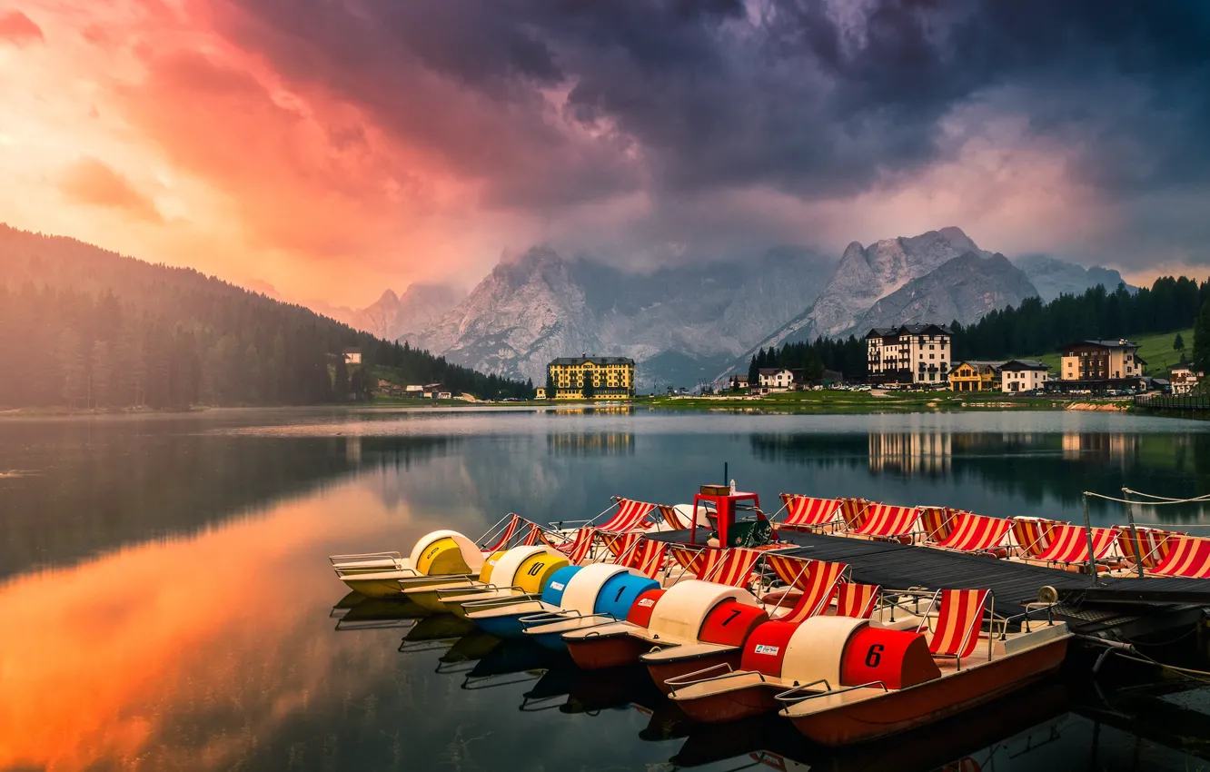 Photo wallpaper mountains, lake, Italy, The Dolomites, Misurina