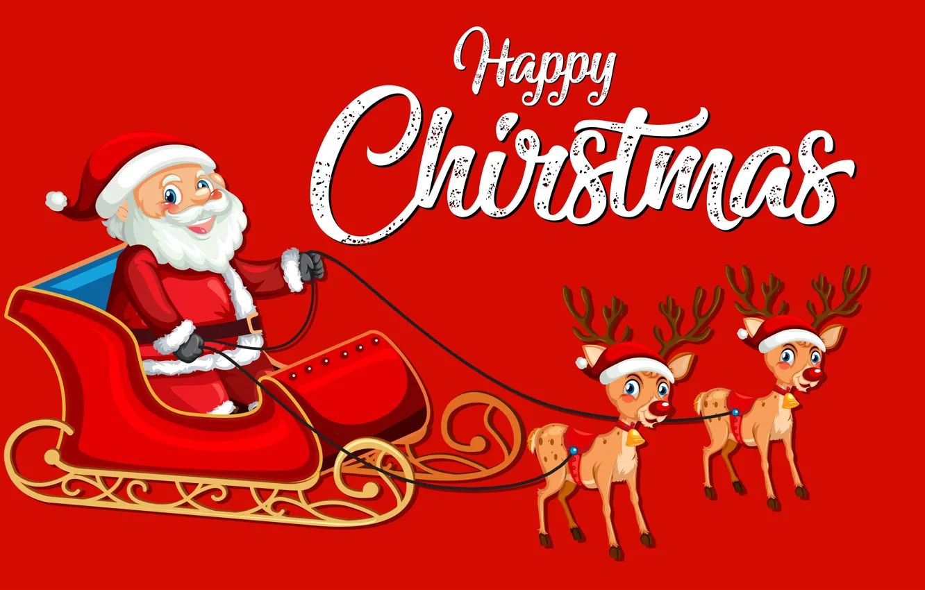 Photo wallpaper Smile, Christmas, New year, Santa Claus, Deer, Happy Christmas, Sleigh, Red background
