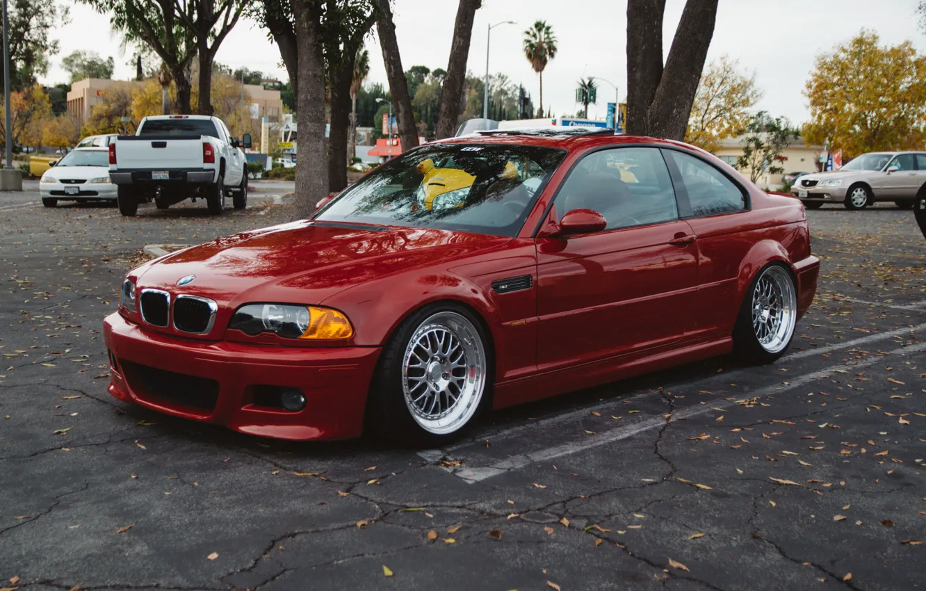Photo wallpaper BMW, Red, Cars, Autumn, E46, Silver, Wheels, M3