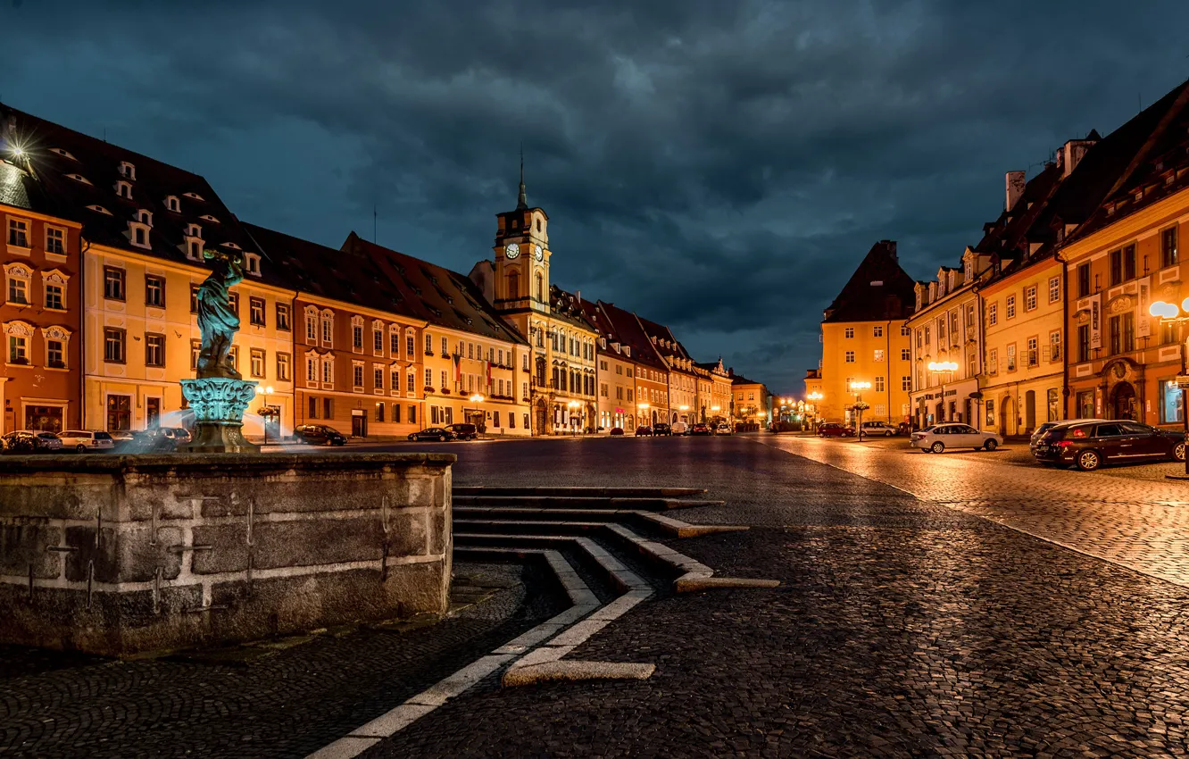 Photo wallpaper the sky, clouds, machine, lights, home, the evening, Czech Republic, area, lights, fountain, Karlovy Vary …