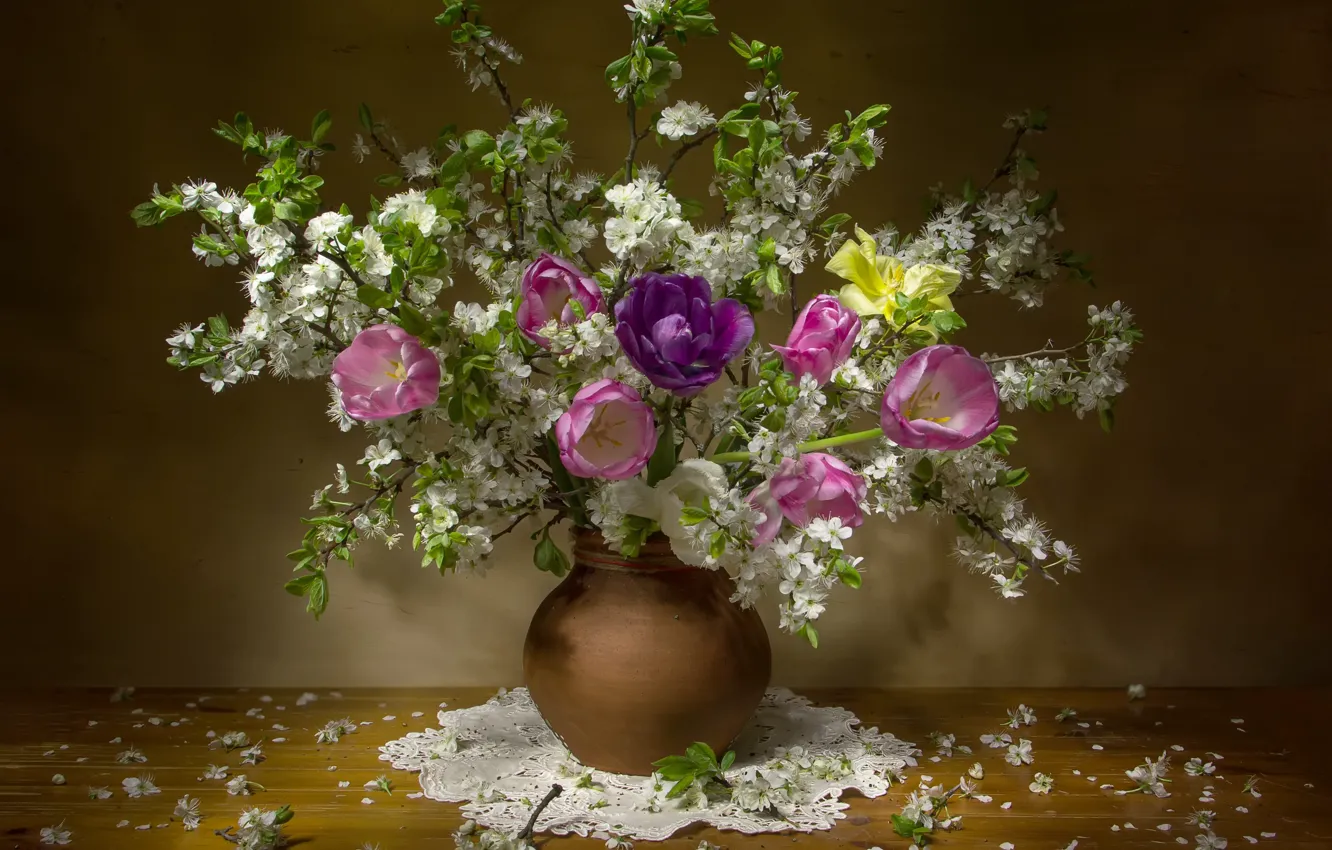Photo wallpaper flowers, branches, cherry, table, spring, petals, tulips, vase, napkin, Феденкова Татьяна