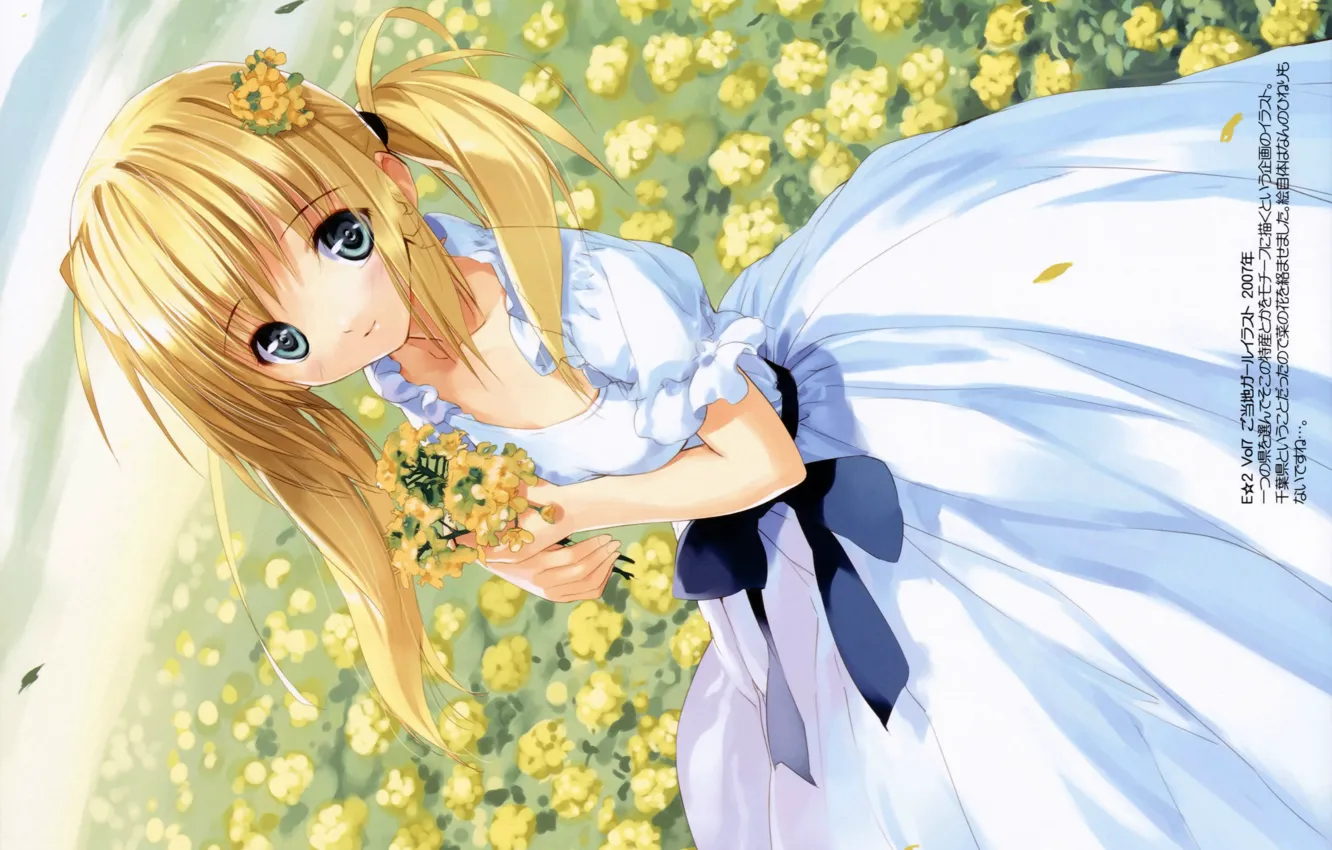 Photo wallpaper summer, blue eyes, Alice in Wonderland, white dress, flower field, a bunch, Alice, alice in …