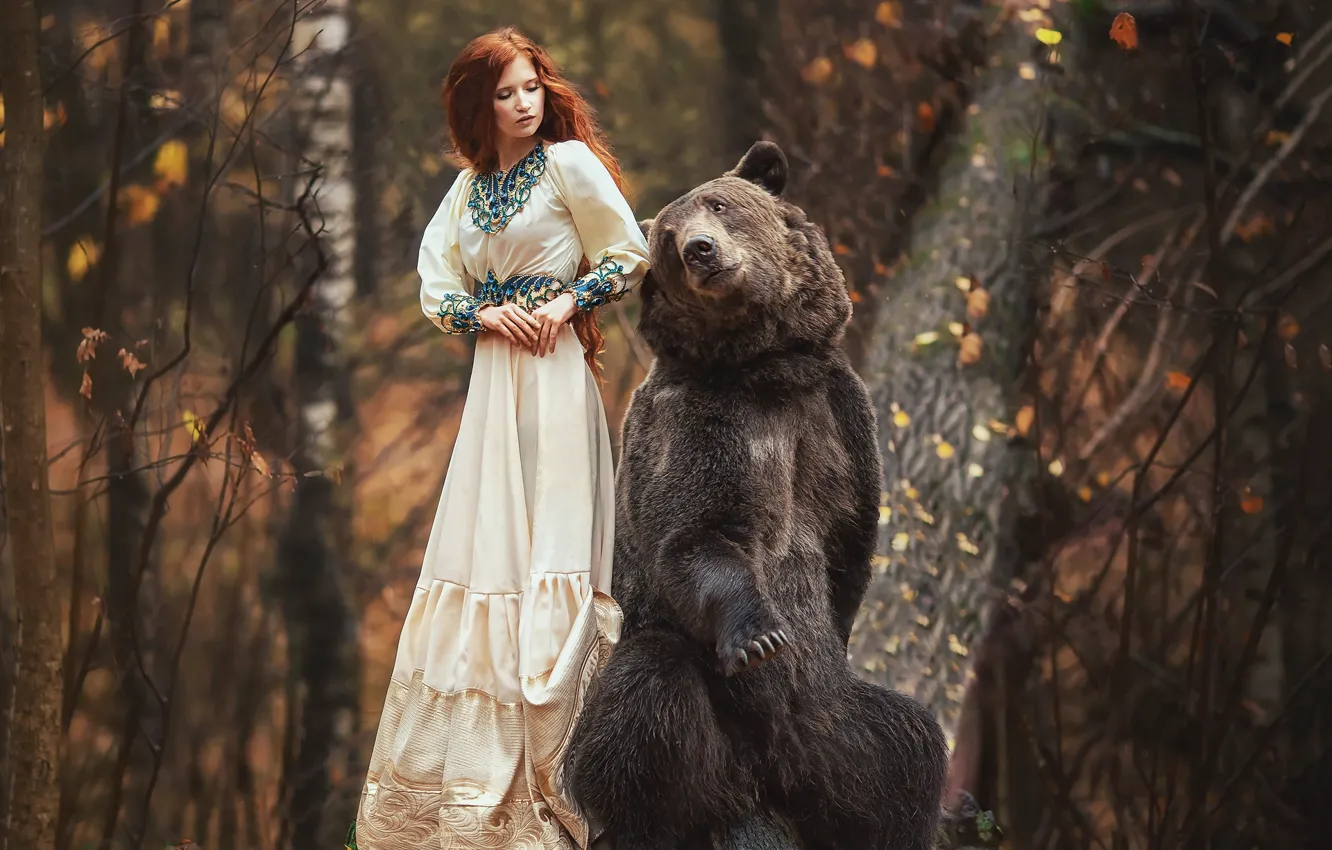Photo wallpaper autumn, forest, girl, pose, dress, bear, red, redhead, Anastasia Barmina