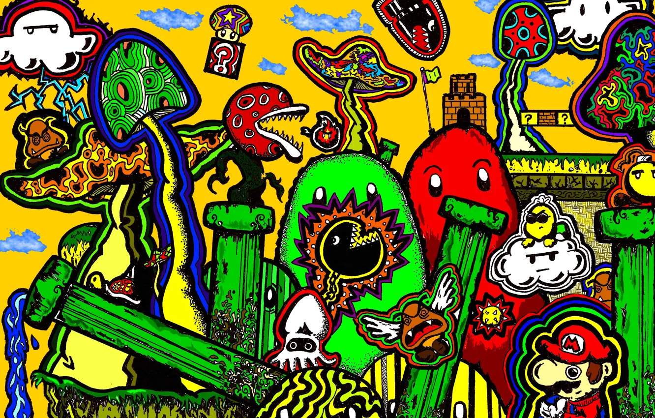 Photo wallpaper fantasy, mushrooms, Mario, figure, mario, abstraction, psychedelic, psychedelic, psy artwork
