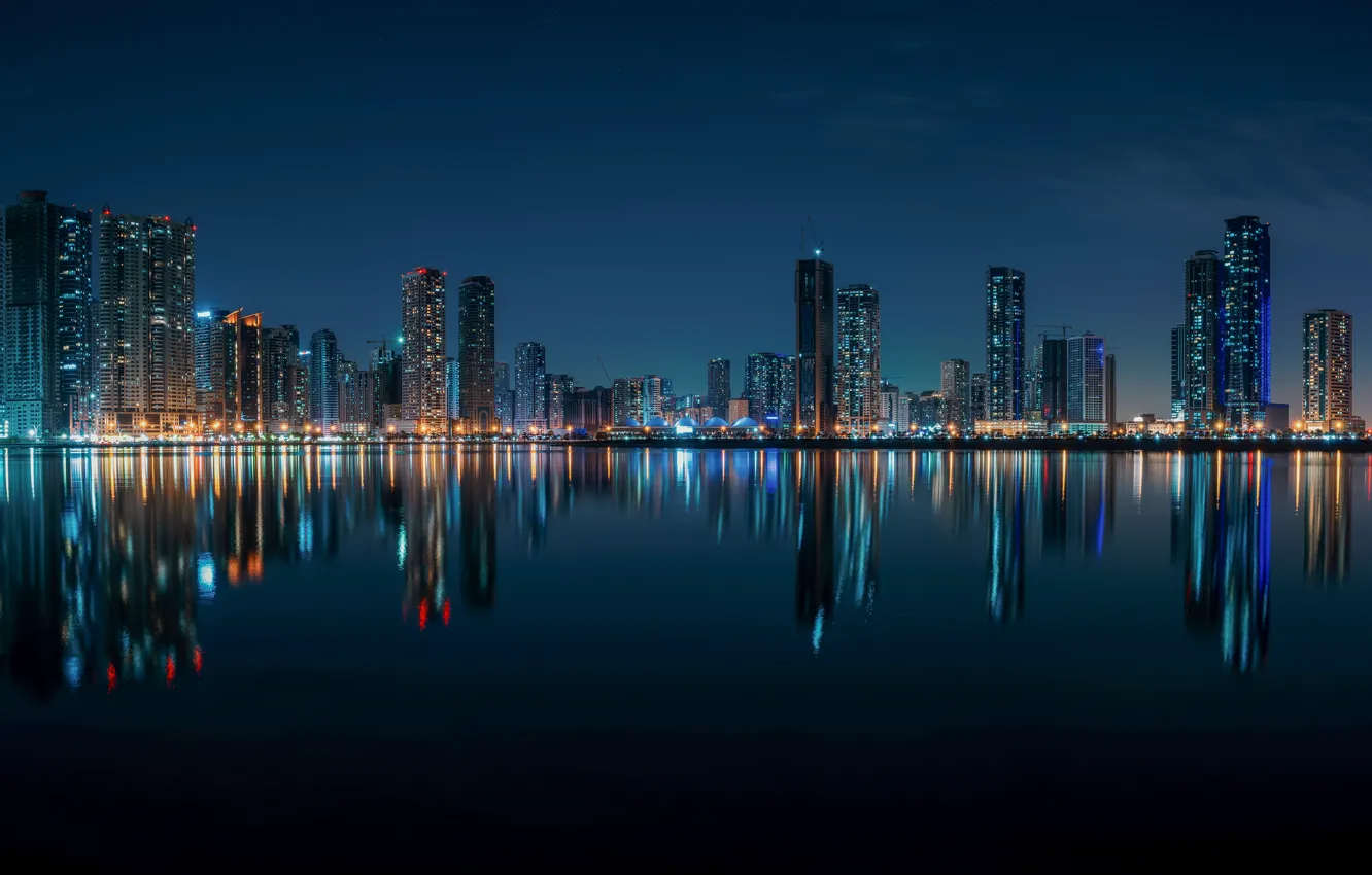 Photo wallpaper water, reflection, building, home, night city, skyscrapers, UAE, The Persian Gulf, UAE, Sharjah, Persian Gulf, …