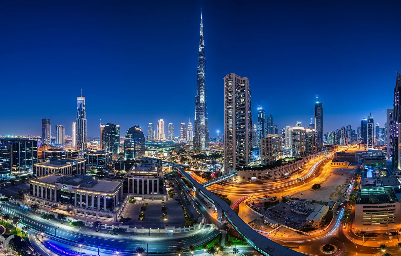 Photo wallpaper building, road, home, Dubai, night city, Dubai, skyscrapers, UAE, Burj Khalifa, Burj Khalifa, UAE