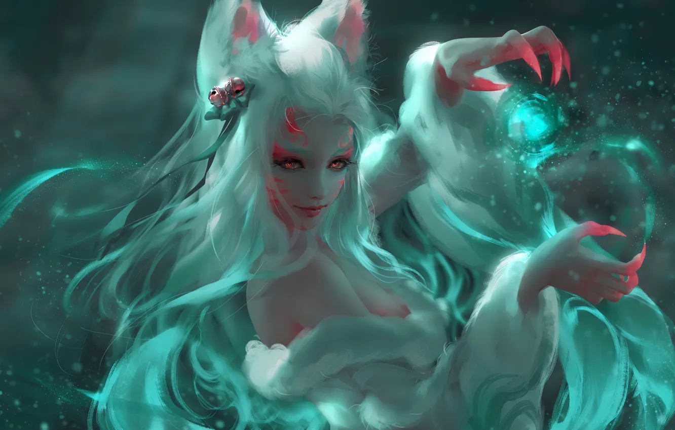 Photo wallpaper the game, beauty, game, character, white hair, beauty, character, blurred background, League of Legends, Ahri, …