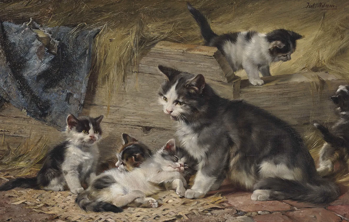 Photo wallpaper German painter, German painter, oil on canvas, Mother Cat with Five Kittens, Julius Anton Adam, …