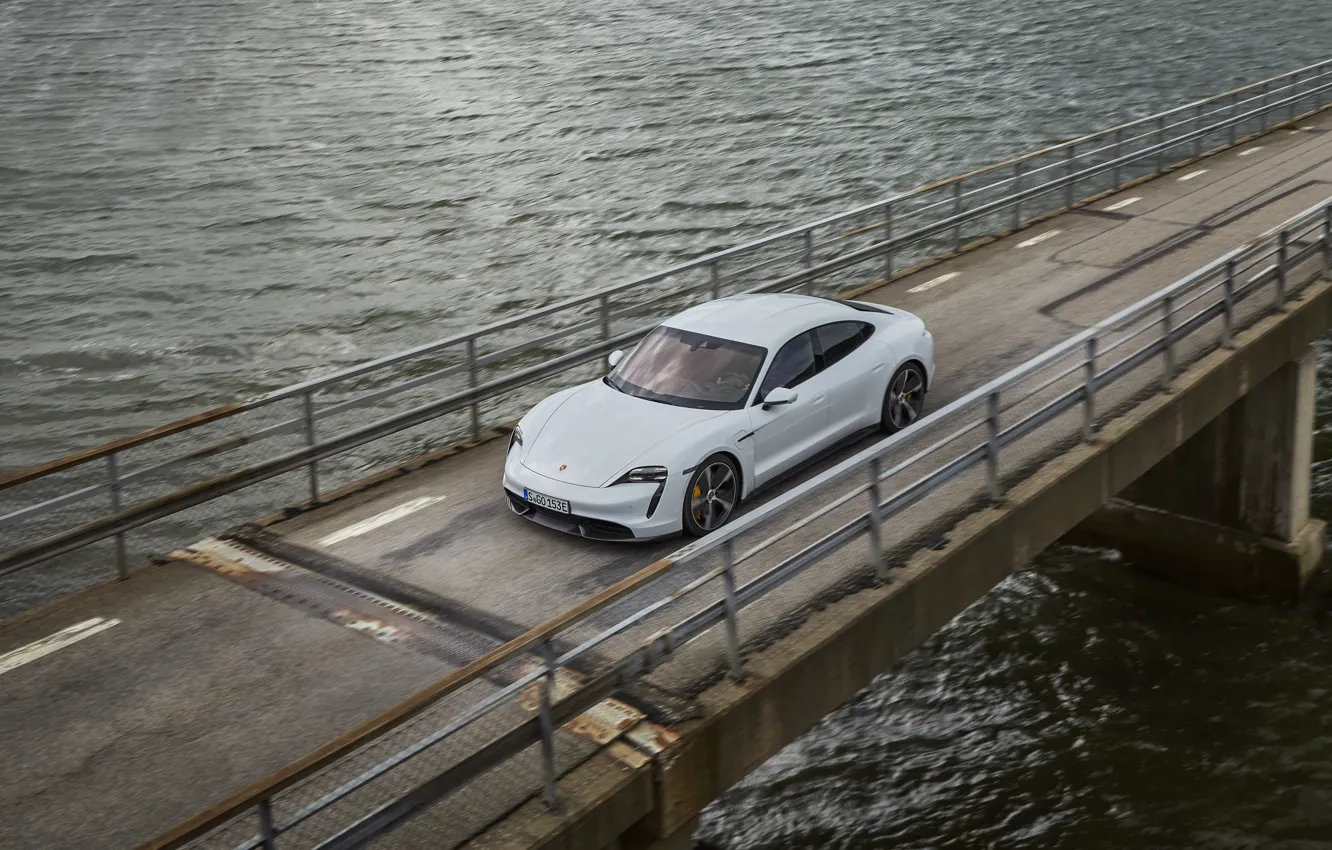Photo wallpaper water, bridge, movement, Porsche, Turbo S, 2020, Taycan