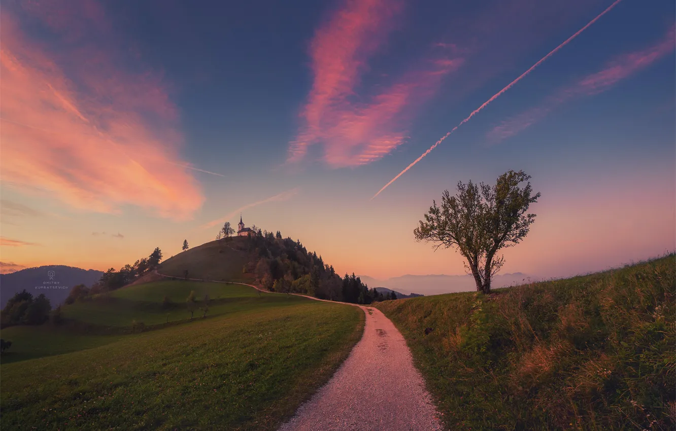 Photo wallpaper grass, clouds, sunset, tree, mountain, hill, Church