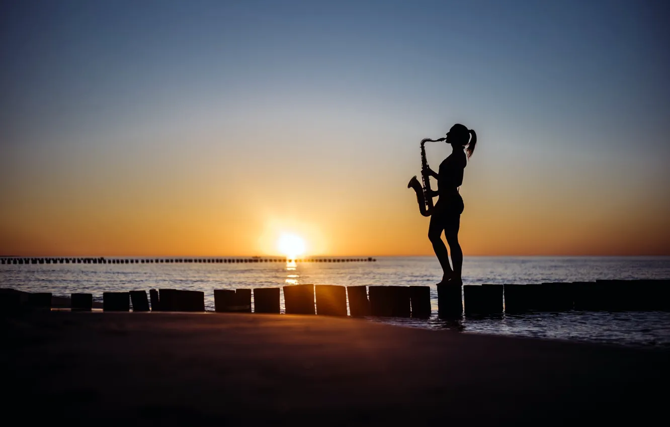 Photo wallpaper sea, beach, girl, sunset, shore, saxophone