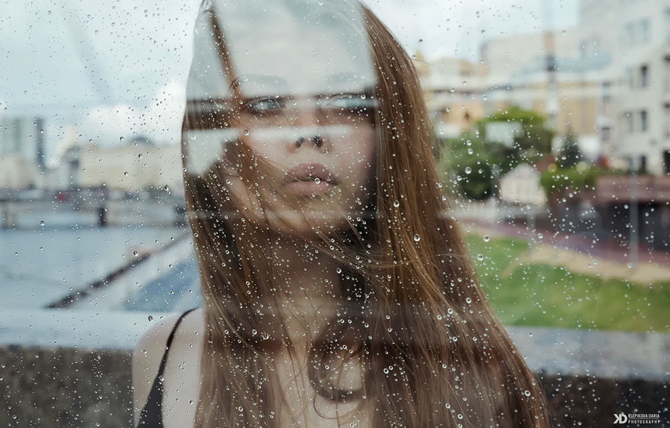 Photo wallpaper glass, girl, drops, rain, hair, Daria Klepikova, Anastasia Korshunova