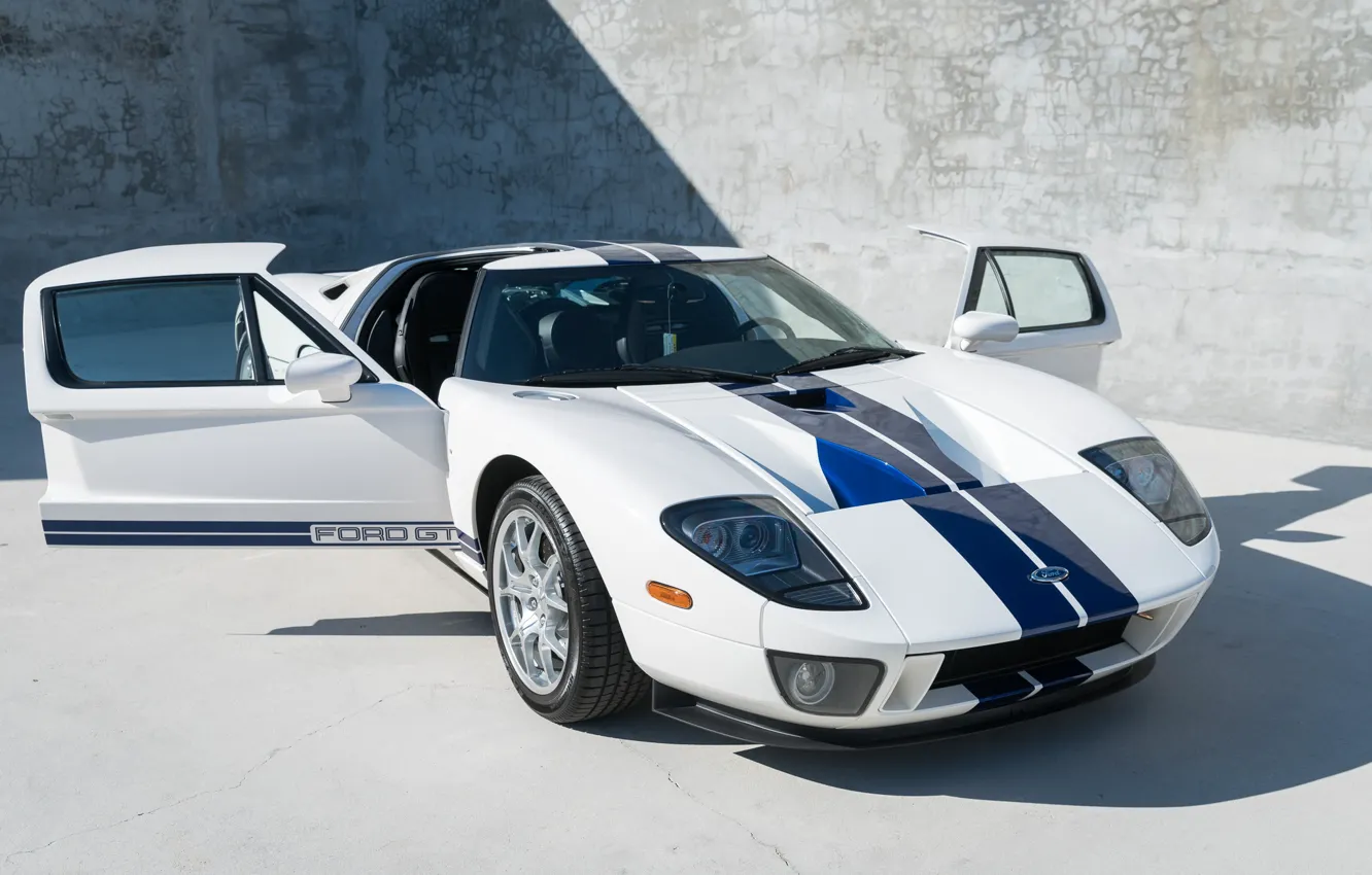 Photo wallpaper White, Door, The front, Blue stripes, 2005 Ford GT