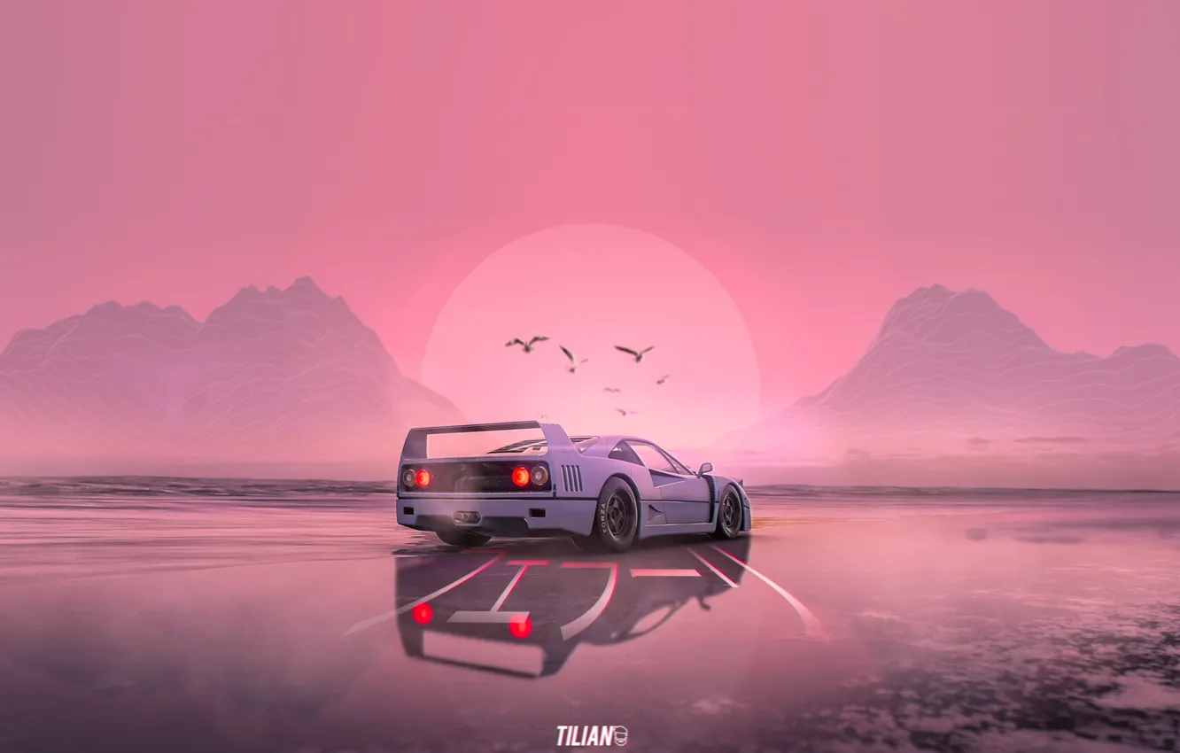 Wallpaper Sunset, The sun, Music, White, Style, Background, Ferrari, F40,  80s, Style, Supercar, Neon, Illustration, Sports car, 80's, Synth images  for desktop, section рендеринг - download