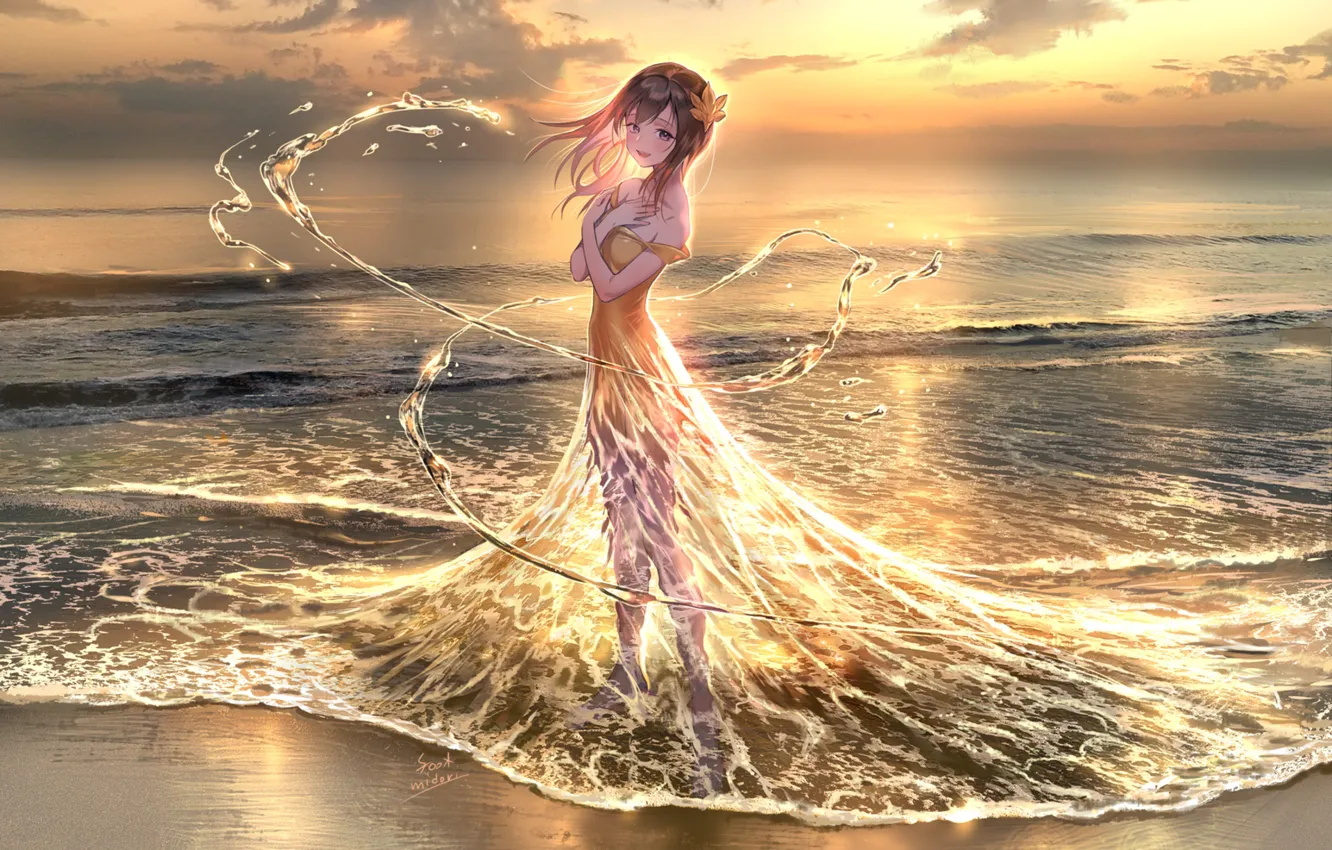 Wallpaper beach, water, girl, sunset, magic images for desktop, section арт  - download