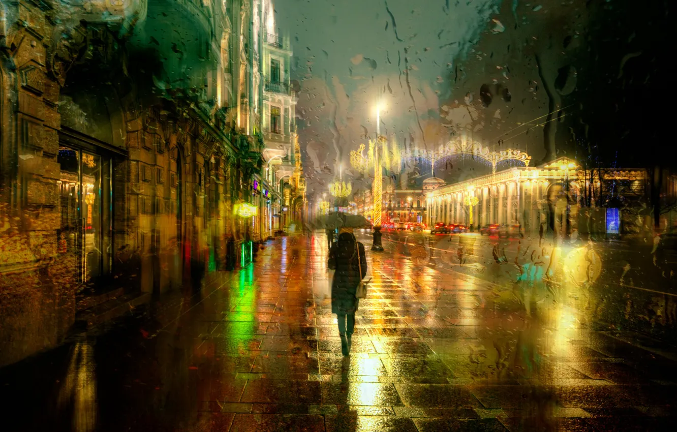 Photo wallpaper winter, road, the city, rain, street, building, home, the evening, lighting, passers-by, Ed Gordeev, Gordeev …