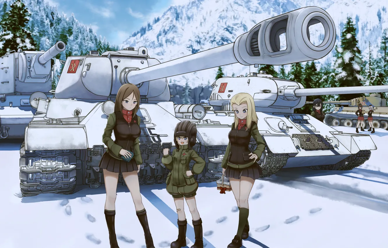 Photo wallpaper Winter, Snow, Tanks, Tank, Nonna, Klara, Girls and Panzer, T-34-85, KV-2, IS-2, Katyusha, Tiger 131, …