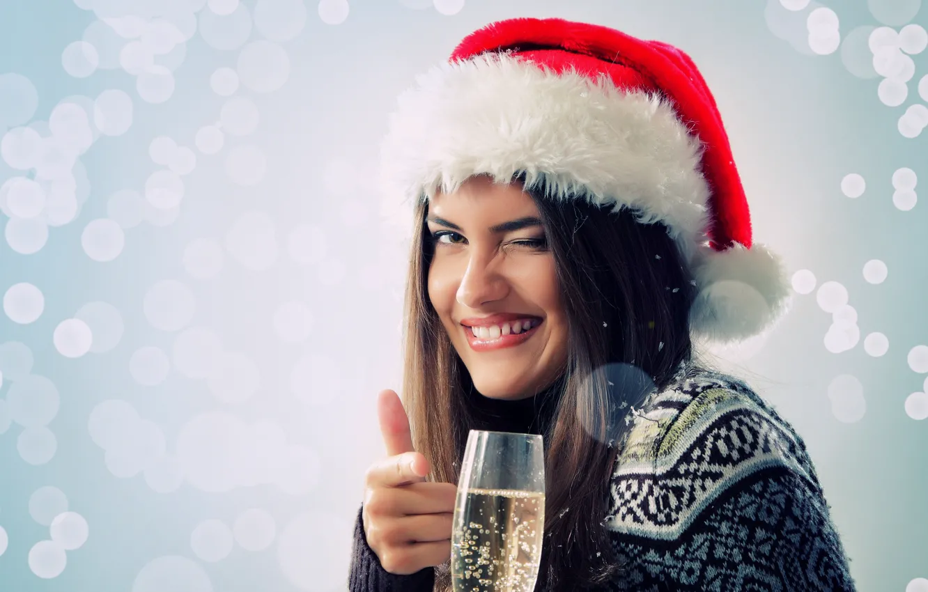 Photo wallpaper girl, new year, a glass of champagne, winks, the Santa hat