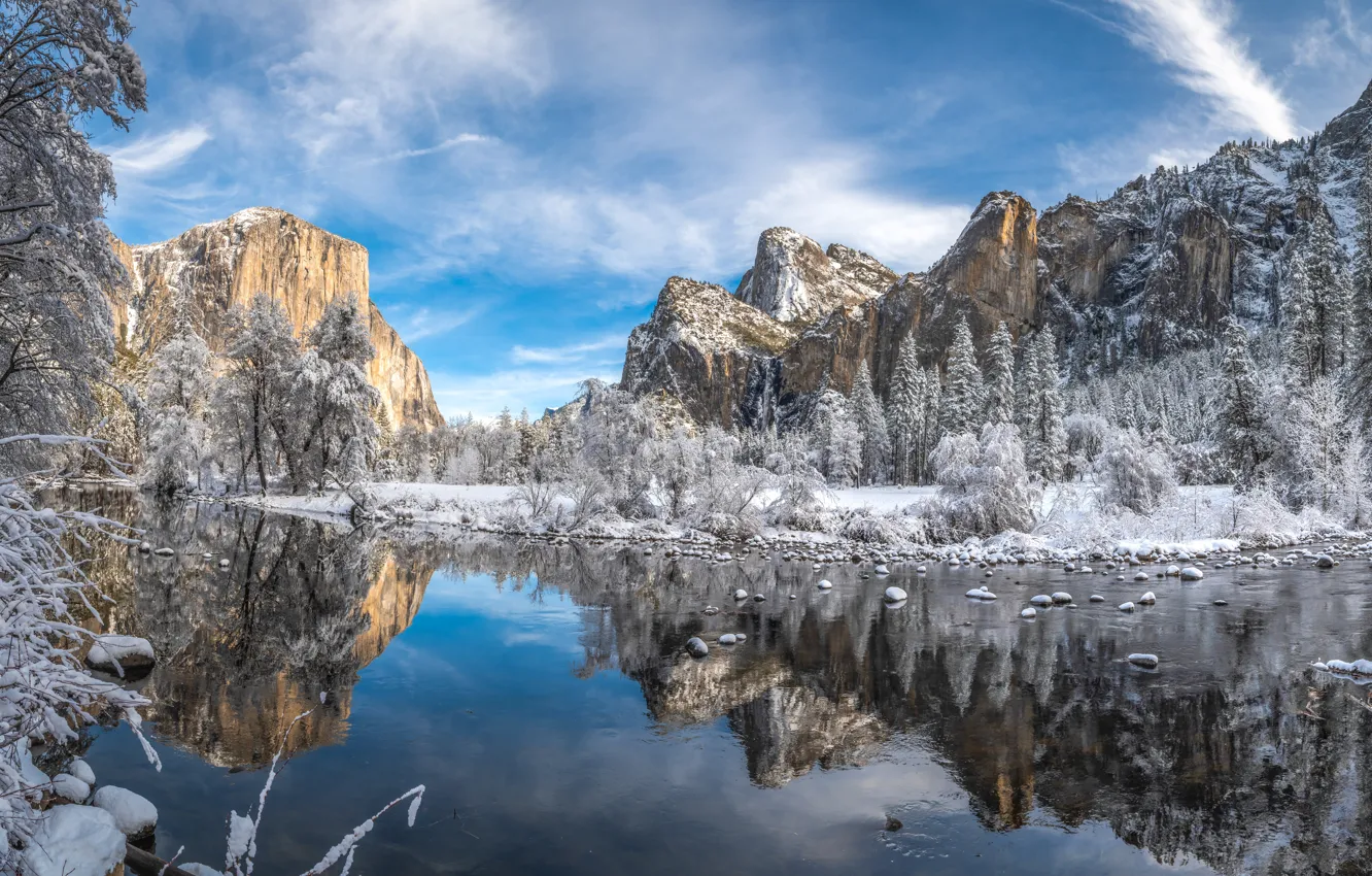 Photo wallpaper winter, snow, trees, mountains, reflection, river, CA, California, Yosemite Valley, Yosemite national Park, Yosemite National …