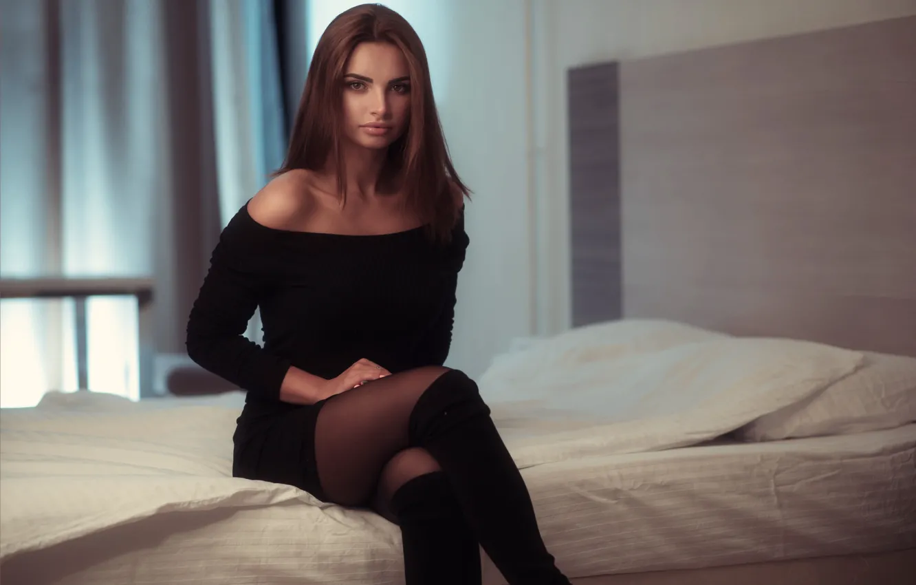 Wallpaper Girl Face Pose Bed Dress Brunette Bed Tights Girl Sexy Beautiful Sitting Beautiful Girl Black Dress Andrey Firsov Andrey Firsov Images For Desktop Section Devushki Download