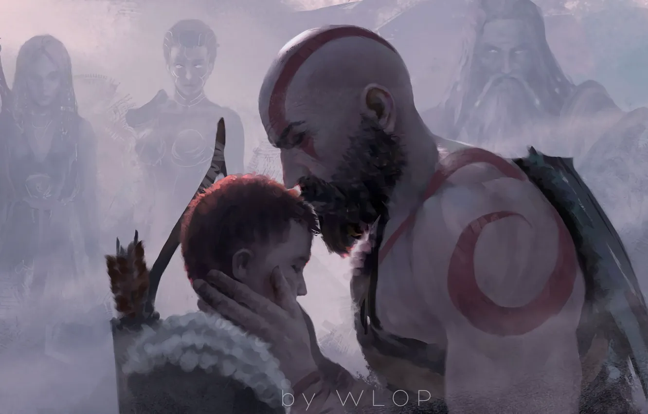 Photo wallpaper fantasy, game, Kratos, God of War, man, tattoo, weapons, digital art, bow, artwork, warrior, fantasy …