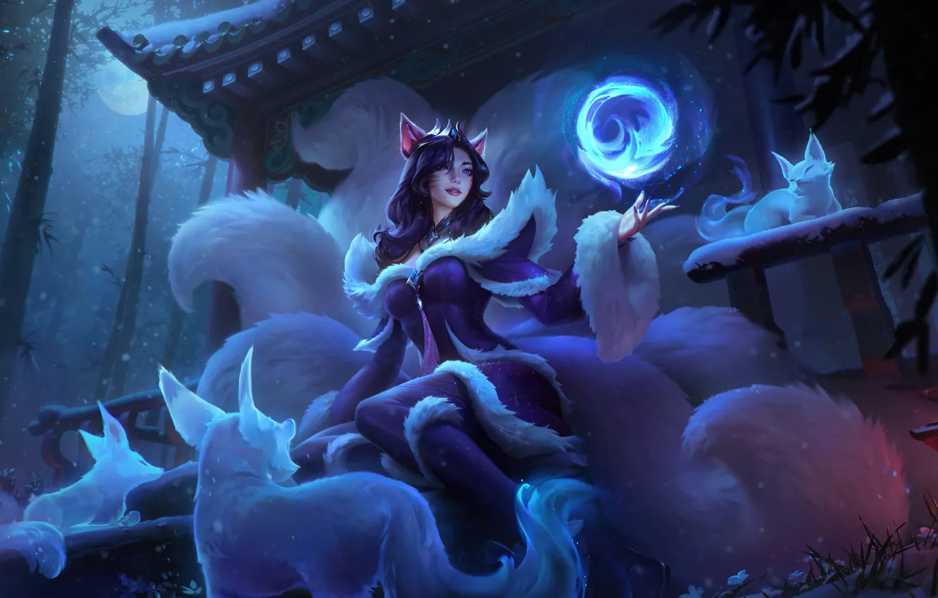 Wallpaper night, the moon, the game, Fox, game, character, beautiful girl,  character, League of Legends, LOL, League Of Legends, LOL, Ari, Riot Games  images for desktop, section арт - download