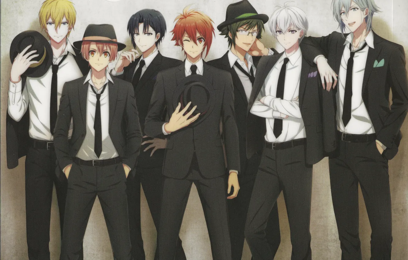 Photo wallpaper group, hat, red, glasses, tie, guys, white shirt, business suit, Yotsuba Tamaki, Ousaka Sougo, by …