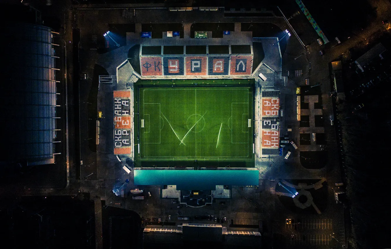 Wallpaper Field, The city, Football, Top, The view from the top, Stadium,  Lawn, Ural, Urals, Bumblebees, Orange and black, Yekaterinburg Arena, FC  Ural, 