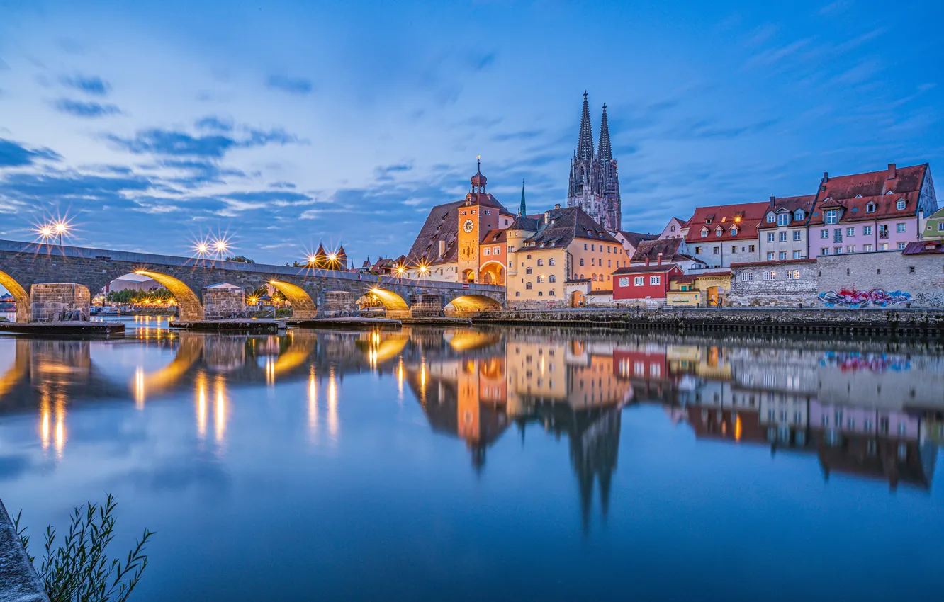 Photo wallpaper bridge, reflection, river, building, home, Germany, Bayern, Germany, Bavaria, Regensburg, Regensburg, Stone Bridge, Danube River, …